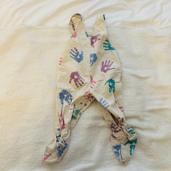 Vintage RARE Oshkosh B'Gosh Corduroy Footie Overalls White Multi Size 6-9M - Picture 2 of 7